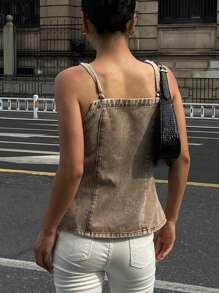 DAZY Women's Tie Strap Denim Sleeveless Cami Tank Top, Fashionable For Summer - Coffee Brown - View 3