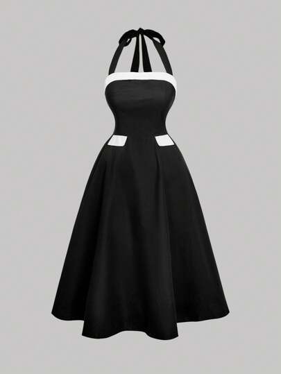 SHEIN MOD 大码女式优雅露背中长连衣裙，适合通勤、正式场合、野餐、约会、婚礼着装，黑白撞色