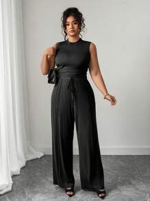 Elenzga 大码女式纯色罗纹面料休闲背心和裤子套装 - 黑色 - 查看 4