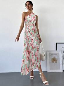 Firerie 女士优雅度假海滩渐变花卉印花褶皱单肩镂空抽绳中长连衣裙，夏季