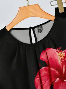 SHEIN Clasi 2pcs Casual Minimalist Red-Black Floral Print Women Set, Suitable For Summer Party - Multicolor - View 3
