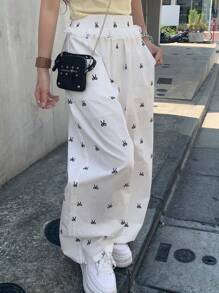 FRIFUL 女士蕾丝边蝴蝶结印花直筒休闲裤，适合毕业典礼和庆典穿着 - 杏色 - 查看 3