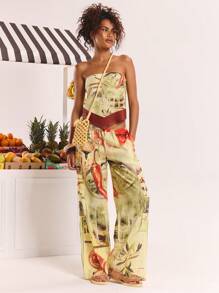 MUSERA Linen Look Printed Tie Waist Straight Leg Trousers Spring, Summer, Ibiza, Holiday, Cute, Festival, Vacation Beachwear, Beach, Boho