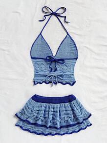 Soleia Women's Holiday Casual Contrast Trim Backless Halter Top And Mini Skirt 2 Pieces Set Beach Vacation Outfits Spring Summer Outfits For Women West Music Festival Bohemia Boho Beach Outfits For Woman Set Summer Two Pieces Set Vacation