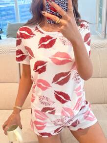SHEIN Tween Girls Casual Lip Print Round Neck Short Sleeve T-Shirt And Shorts Pajamas Set, Suitable For Summer
