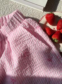 Comfortcana 大码女式 2 件套蝴蝶结印花夏季粉色条纹背心和裤子套装，2 件套夏季服装女士夏季服装 - 粉色 - 查看 5