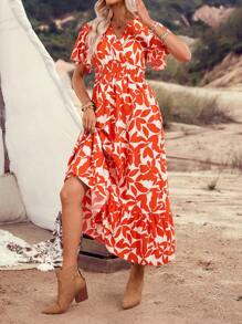 Breezaya Women's Holiday Plant Print Ruffle Sleeve Dress - Orange - View 4