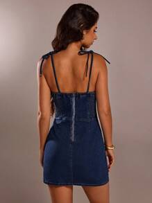 SHEIN Forever 21 Nuevo vestido corto de mezclilla sexy y elegante para mujer con tirantes finos, cordones y abertura, para usar en la calle durante el verano - Azul Marino - Ver 2