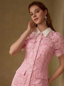 MOTF PREMIUM ELEGANT ROMANTIC LACE CONTRAST COLLAR PEARL DECOR MOCK POCKET SHORT DRESS - Pink - View 6