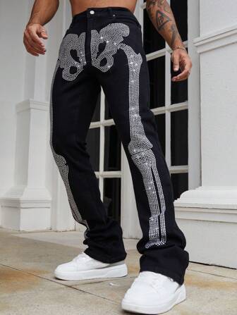 Street Life Jeans évasés pour hommes avec motif diamant scintillant