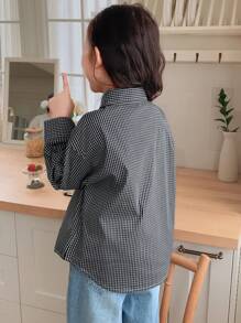 DAZY 女童格子卡通兔子长袖单排扣休闲口袋衬衫，夏季/秋季 - 黑與白 - 查看 2