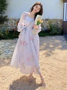 DAZY 女士碎花褶皱腰身方领A字中长连衣裙，优雅休闲假日长袖挤奶女工风格女装，生日女装，秋季女装，白色连衣裙，度假女装 - 彩色 - 查看 4