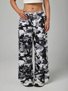 SHEIN PETITE Grey Camouflage Women's Woven Wide Leg Pants - Grey - View 4