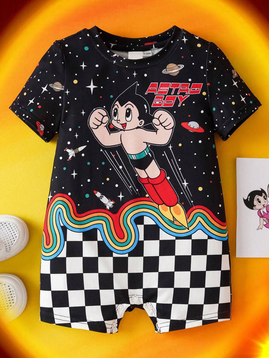 Astro Boy X SHEIN Baby Boy Cartoon Cosmic Rainbow Checkerboard Print Flame Retardant Romper, Summer - Black - View 1