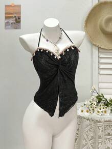 SHEIN Clasi Black Summer Boho Beach Holiday Plus Size Women V-Neck Spaghetti Strap Knitted High Elasticity Jacquard Crochet Trim Casual Top Western Wear - Black - View 1