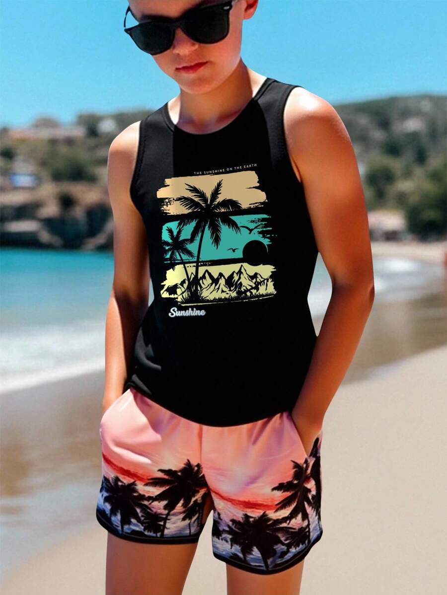 SHEIN Tween Boy Simple Fashion Colorblock Splice, Tropical Palm Tree Print Sleeveless Top, Suitable For Summer Vacation