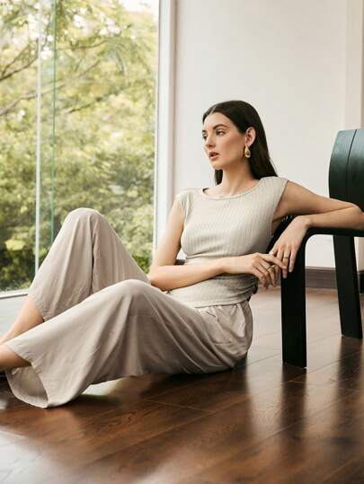 Moireta Simple Casual Women Plain Ribbed Top And Pants Homewear Set Outfit