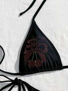 Swim EVENT 2025 新款夏季女式两件套泳衣，樱桃印花水钻装饰吊带比基尼上衣和三角泳裤，性感沙滩度假装 - 黑色 - 查看 3