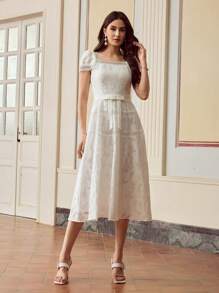 ZEYLAH Floral Lace Patchwork Ruffle Waist Dress - White - View 4