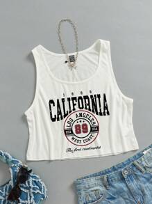 SHEIN EZwear Áo ba lỗ hở vai cổ chữ U rộng rãi cho nữ, họa tiết Los Angeles, phù hợp cho mùa hè - trắng - Xem 5