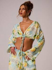 MUSERA Top court à manches longues avec imprimé de fruits, col plongeant et nœud devant. Mignon, idéal pour les vacances, les festivals, sexy et élégant. Couleur jaune beurre. Parfait pour la plage, Ibiza, les sorties et les soirées. Élégant pour le printemps et l'été. - Multicolore - Voir 1