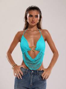 SHEIN BAE 女士夏季性感波西米亚海滩度假音乐会女士露背领带金属装饰钩针夏季上衣，女士夏季，俱乐部女士性感 - 薄荷藍 - 查看 5