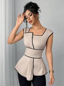 SHEIN Clasi Women's Contrast Color Trim Square Collar Waist Fitted Elegant Blouse, Summer   Business Casual Woman  Work Clothes Women  Office Outfits For Women    Business Casual  Business Women Attire   Professional Women Clothes   Graduation Dress  Woman  Clothes   Teacher Clothes   Airport Summer Honeymoon Woman For Women Boho