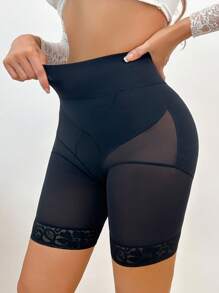 Miss Vinta 1 pieza Pantalones cortos de figura de cintura alta de unicolor con inserto de malla para mujeres - Negro - Ver 4