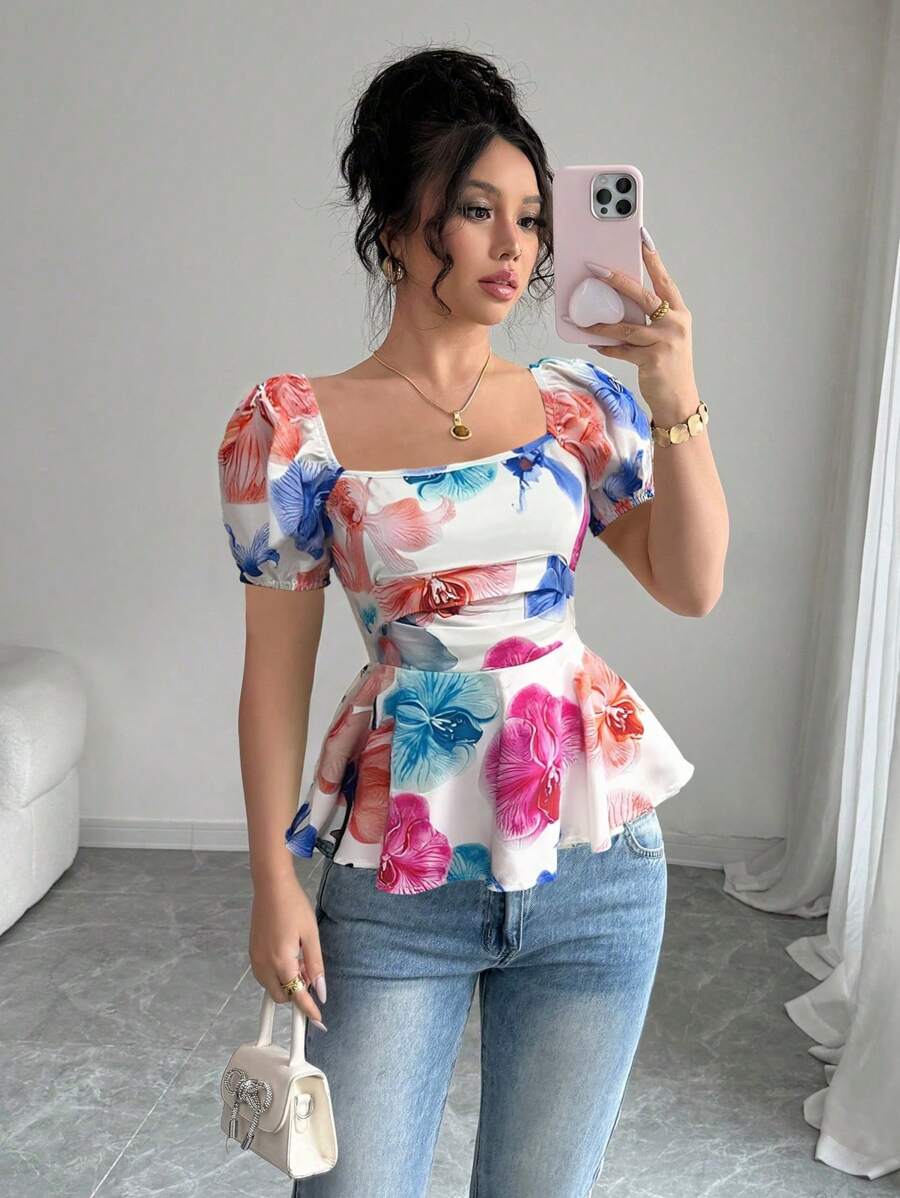 Elenzga Women Elegant Floral Print Square Neck Pleated Bust Ruched A-Line Top - Multicolor - View 1