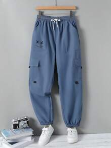 青少年男童街头风格梭织印花工装裤 - 藍色 - 查看 3