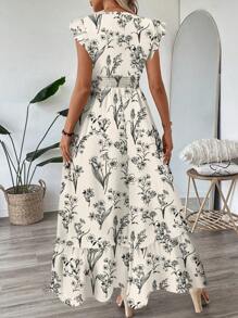 SHEIN LUNE Vestido largo acampanado con volantes florales fruncidos, mangas cortas, cintura ceñida y bajo con volantes. Estampado de leopardo vintage. Estilo informal, ideal para vacaciones de verano. Ideal para primavera/verano. Ropa bohemia. Vestidos de verano para mujer.