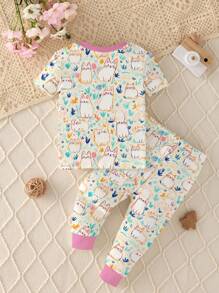 Baby Girl Casual Slim Fit Comfortable Round Neck Short Sleeve Pants Home Set, Suitable For Spring & Summer - Multicolor - View 2