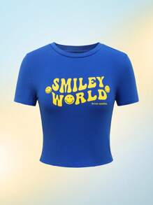 SmileyWorld® | SHEIN Áo thun cổ tròn tay ngắn họa tiết mặt cười và chữ cho nữ - Màu xanh lam - Xem 8