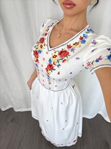Chiquease French Elegant Romantic Woven Printed V-Neck Cinched Waist Short Sleeve Women Summer Top - Multicolor - View 6