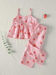 Cozy Pixies Bộ 2 món áo dây nhún bèo in họa tiết quả dâu tây cho bé gái và quần lưng chun - Đỏ - Xem 2