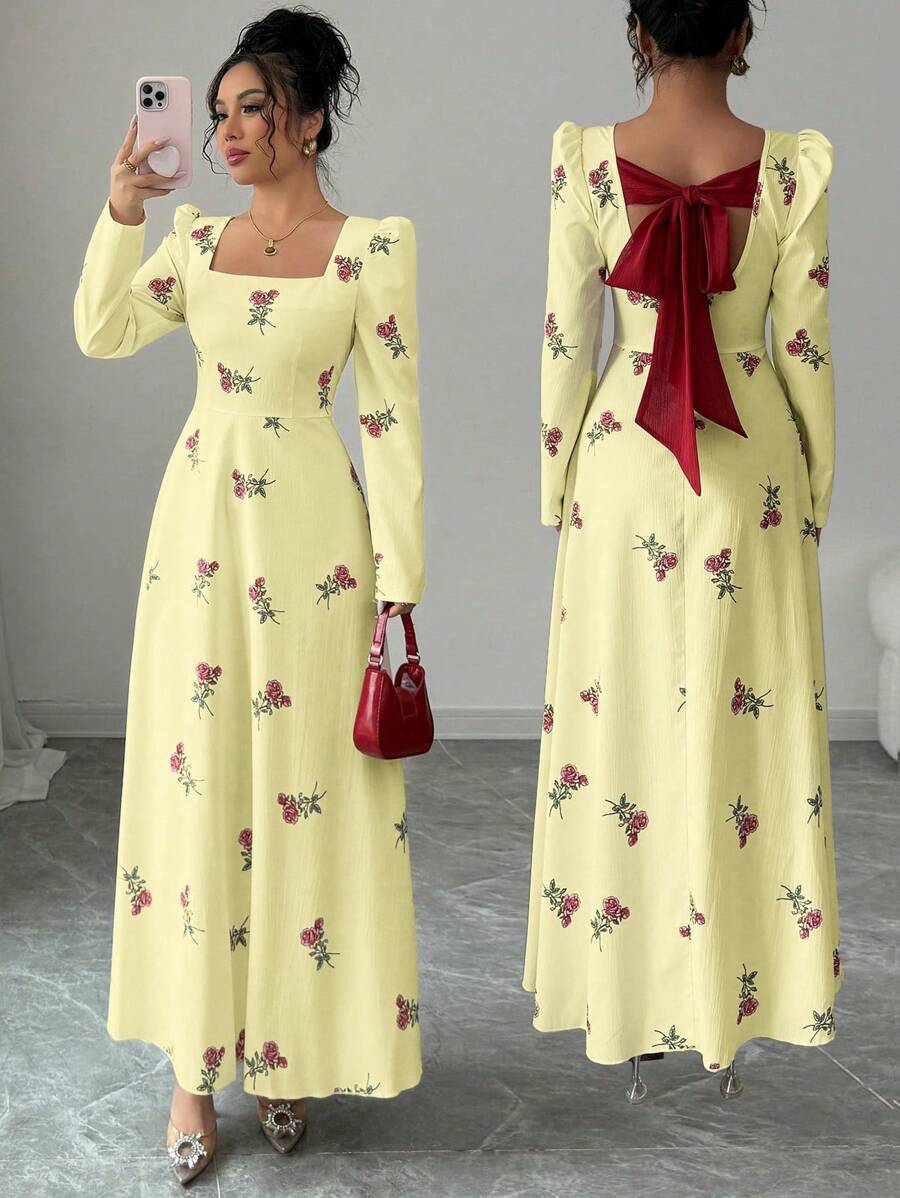 Modelyn Women's Printed Mixed Fabric Splice Long Fitted Dress Fall Cloth For Women - Yellow - View 1