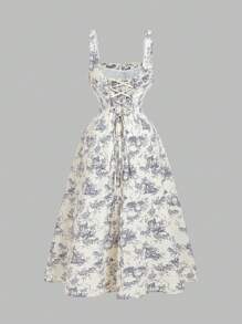 SHEIN MOD Vestido de mujer talla grande con estampado floral de encaje azul, adecuado para picnic, fiesta de cumpleaños, ocasión formal, boda, vacaciones, uso diario casual, verano, vestidos de vacaciones, vestidos florales para mujer, estilo campestre, vintage, otoño, vestidos de cumpleaños para mujer, atuendos de festival para mujer, vestidos para mujer - Multicolor - Ver 2