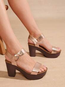 SHUZIA Open Toe Wood Detail Platform Chunky Heel Sandals - Multicolor - View 2