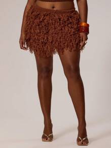 MUSERA Plus Size Knit Frill V Hem Mini Skirt Swim, Holiday, Sexy, Cute Winter Fall Autumn Autumn Winter Fall Thanksgiving Chic