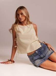 SHEIN Forever 21 女士纯色圆领休闲无袖衬衫（侧系带），夏季 - 杏色 - 查看 2