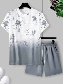 Manfinity RSRT Herren Blumen Muster Rundhals Kurzarm Lässig T-Shirt & Shorts mit Kordelzug Taille Set für Urlaub, Sommeroutfit für Herren Urlaubskleidung Zweiteiliges Set