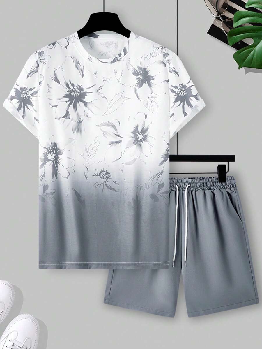 Manfinity RSRT Herren Blumen Muster Rundhals Kurzarm Lässig T-Shirt & Shorts mit Kordelzug Taille Set für Urlaub, Sommeroutfit für Herren Urlaubskleidung Zweiteiliges Set