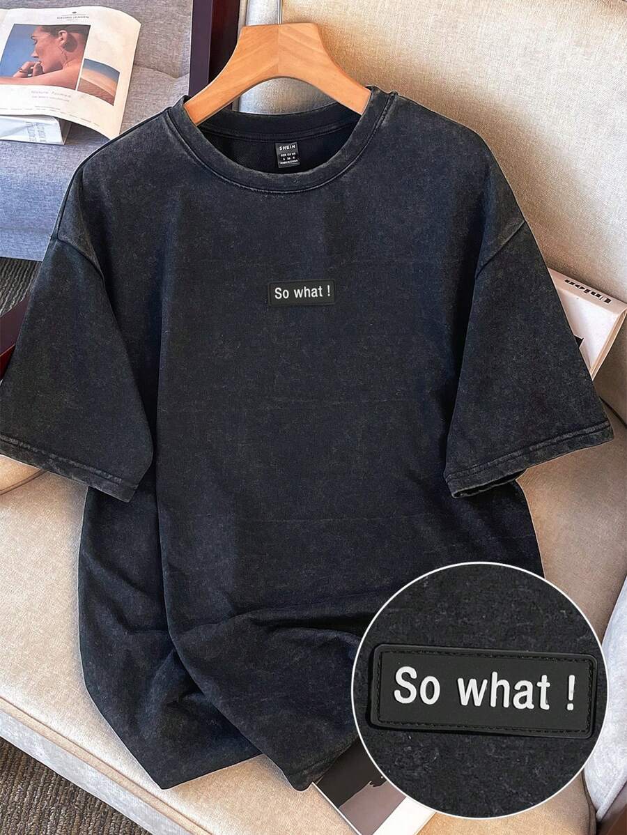 Claim Dot Black Casual Minimalist Washed Effect T-Shirt With "So What" Letter Patch, Suitable For Summer, Friends Gift