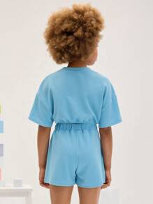 SHEIN 2 pièces/Set T-shirt court à manches courtes et short confortable, rond et simple, pour jeunes filles - Bleu azur - Voir 2