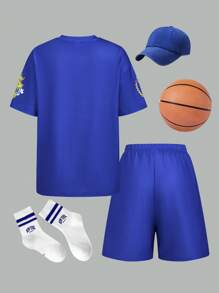 SHEIN Set de 2 piezas para niños/preadolescentes varones: camiseta de manga corta holgada de cuello redondo con estampado casual cómoda y shorts de punto