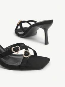 CUCCOO CHICEST 女士夏季新款闪亮水晶心形扣带方头细高跟鞋优雅简约时尚黑色仿麂皮高跟凉鞋，适合下午茶、约会、度假 - 黑色 - 查看 9