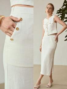 MOTF PREMIUM 亚麻混纺侧开衩纽扣细节半身裙