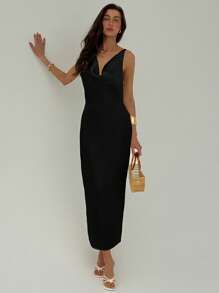 Aloruh 女式纯色简约深V领无袖连衣裙 - 黑色 - 查看 6