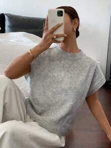 SHEIN Frenchy Plus Size Women Casual Elegant Short Sleeve Knit Sweater Suitable For Going Out,Fall Clothes For Women