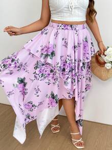 Flirla Plus Size Asymmetrical Hem Floral Print Holiday Beach Summer Casual Outdoor Party Skirt For Women - Purple - View 7